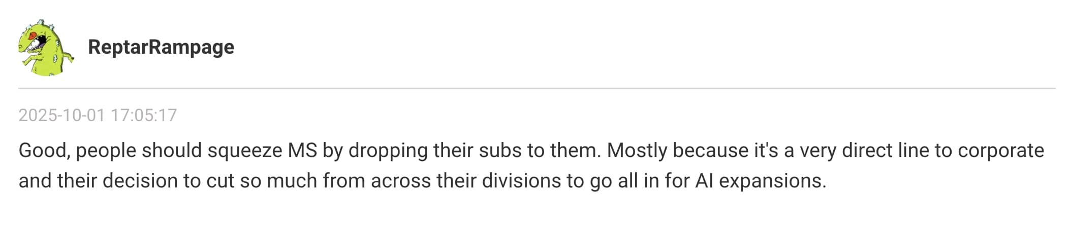 An Xbox Game Pass meme in the form of a comment, suggesting the price hike is to fund Microsoft's AI expansions