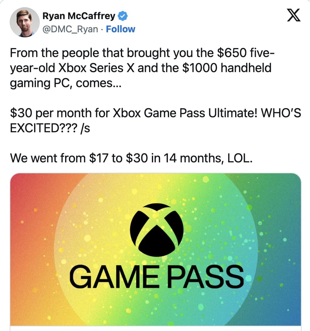 A sarcastic Xbox Game Pass meme from a gaming journalist reacting to the new $30 per month price.