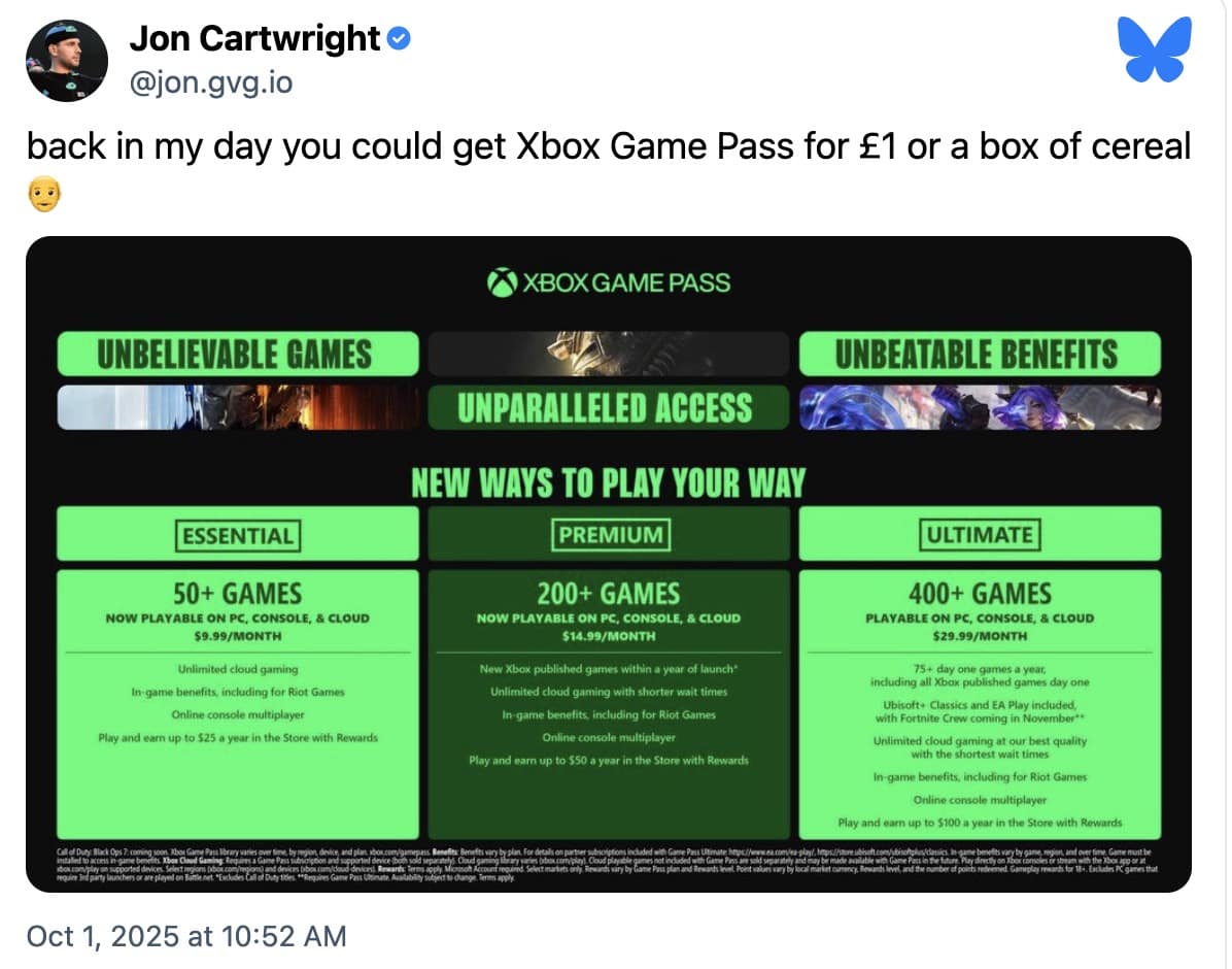 A nostalgic Xbox Game Pass meme tweet reminiscing about when the service could be had for £1 or a box of cereal.