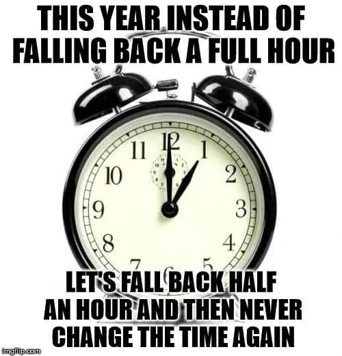 A 2025 daylight savings meme proposing we fall back 30 minutes and never change the clocks again.
