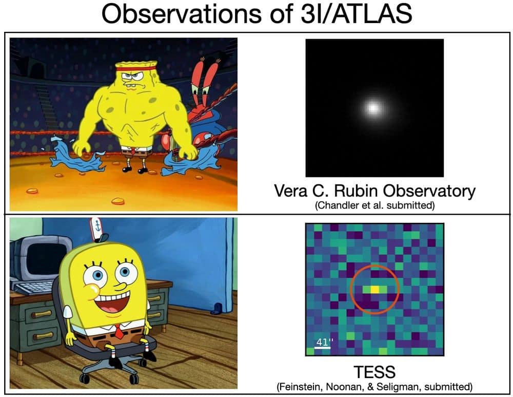 Buff Spongebob 3I ATLAS meme comparing Rubin Observatory clarity to pixelated TESS data