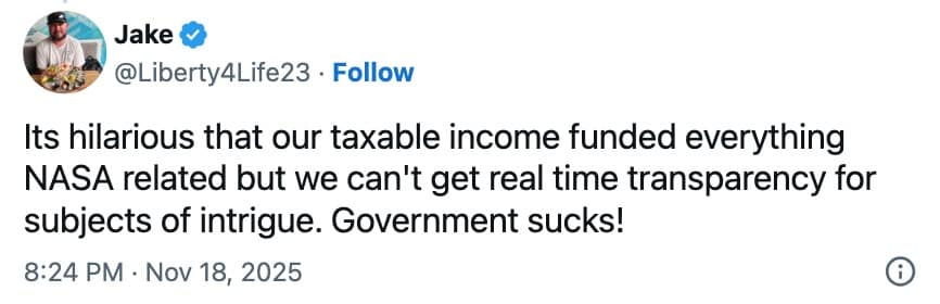 Political 3I ATLAS meme complaining about taxes and lack of NASA transparency
