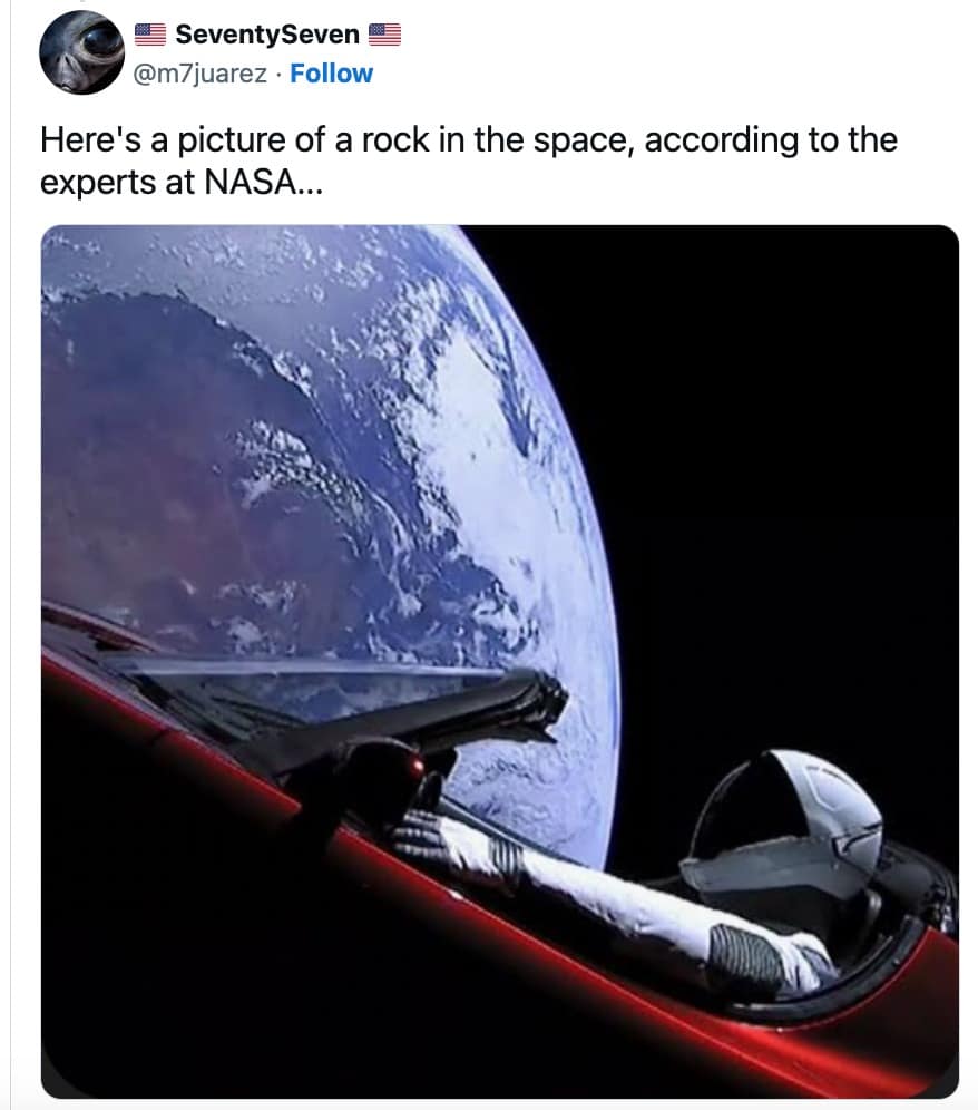 Satirical 3I ATLAS meme mocking NASA experts using a photo of a Tesla