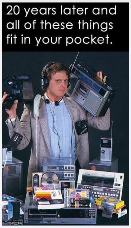 80s meme showing how modern phones replaced boomboxes and camcorders