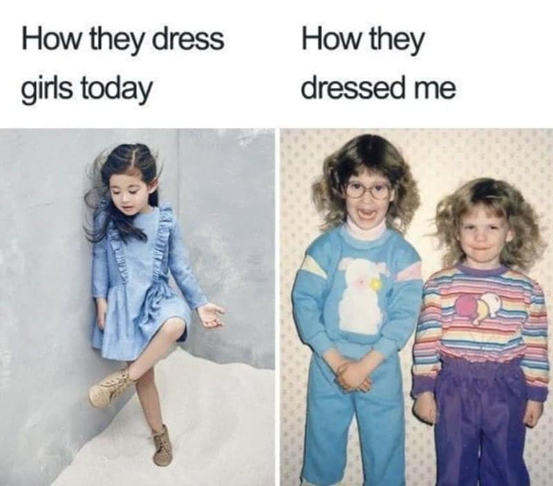 80s meme comparing modern girls' fashion to the colorful outfits of the past