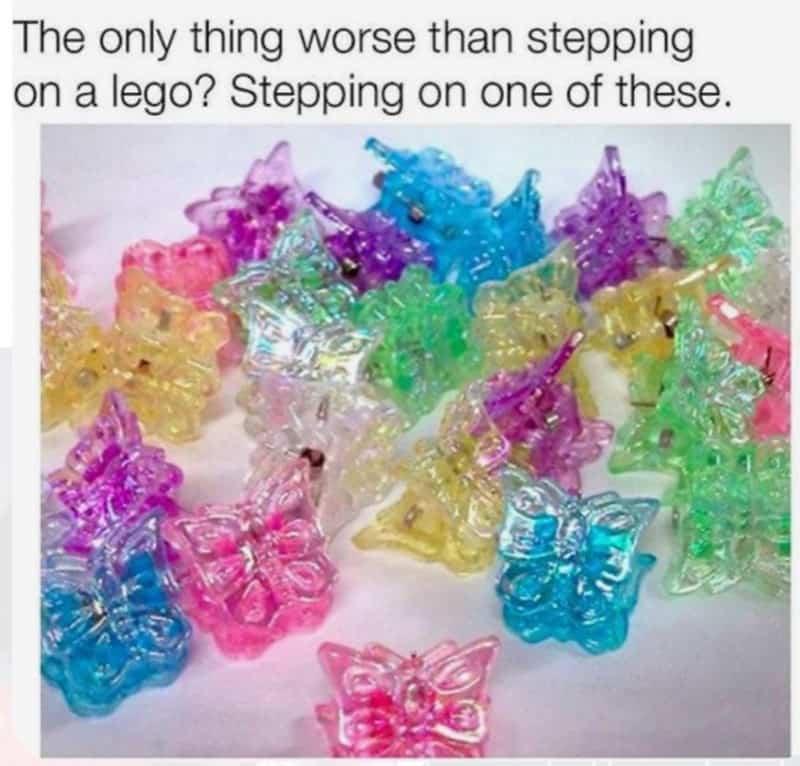 80s meme about the pain of stepping on plastic butterfly hair clips