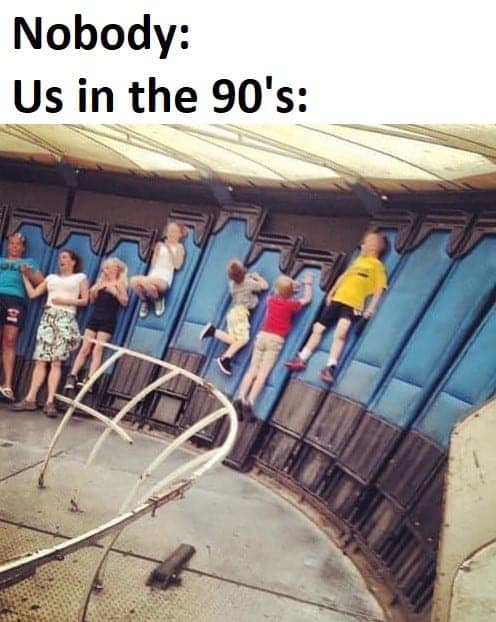 90s nostalgia picture of kids stuck to the wall on the Gravitron ride
