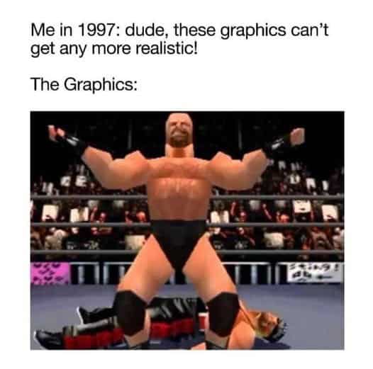 90s nostalgia picture mocking the blocky graphics of wrestling video games