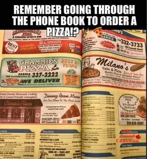 90s nostalgia picture of ordering pizza from the Yellow Pages phone book
