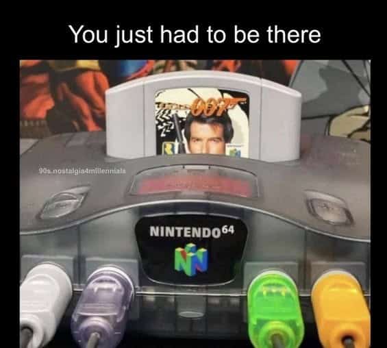 90s nostalgia picture of the GoldenEye 007 cartridge in an N64 console