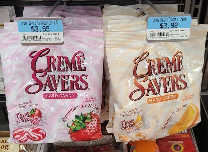 90s nostalgia picture showing bags of Strawberry Creme Savers candy
