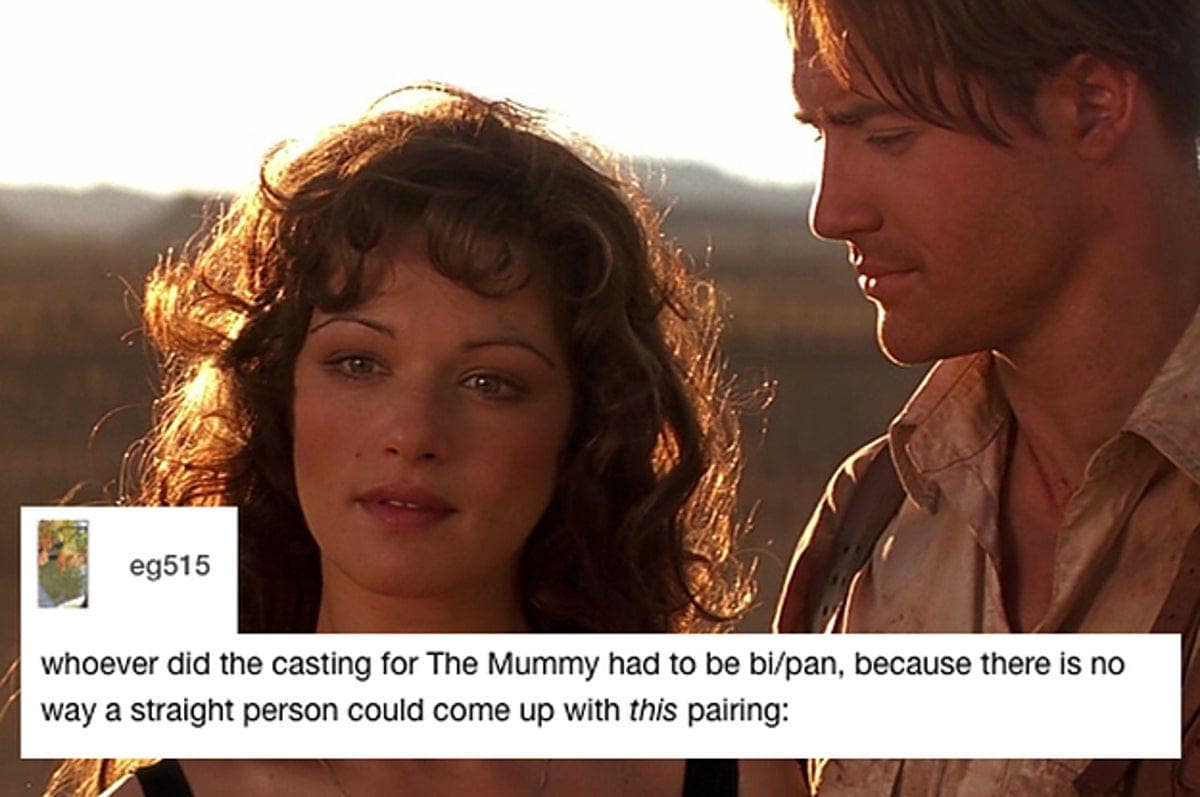 A viral tweet The Mummy meme about the casting of Brendan Fraser and Rachel Weisz being too attractive.