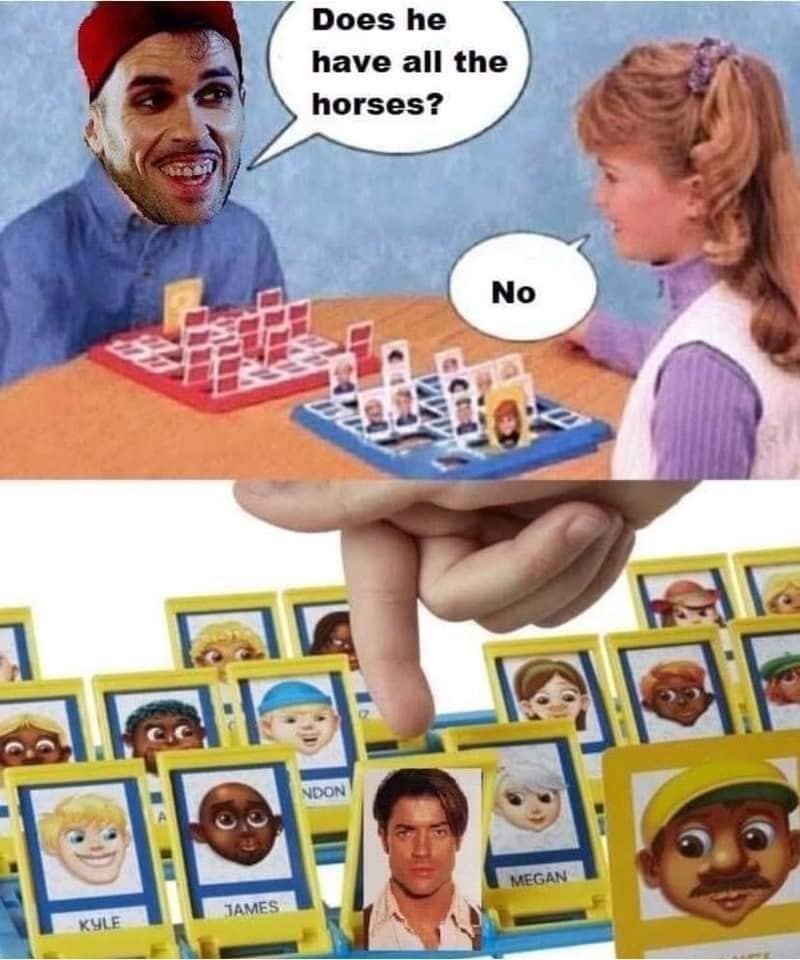 A funny The Mummy meme with Beni from the movie playing "Guess Who?" and asking about the horses