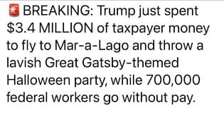 A breaking news-style Trump Gatsby party meme claiming a high taxpayer cost for the event.