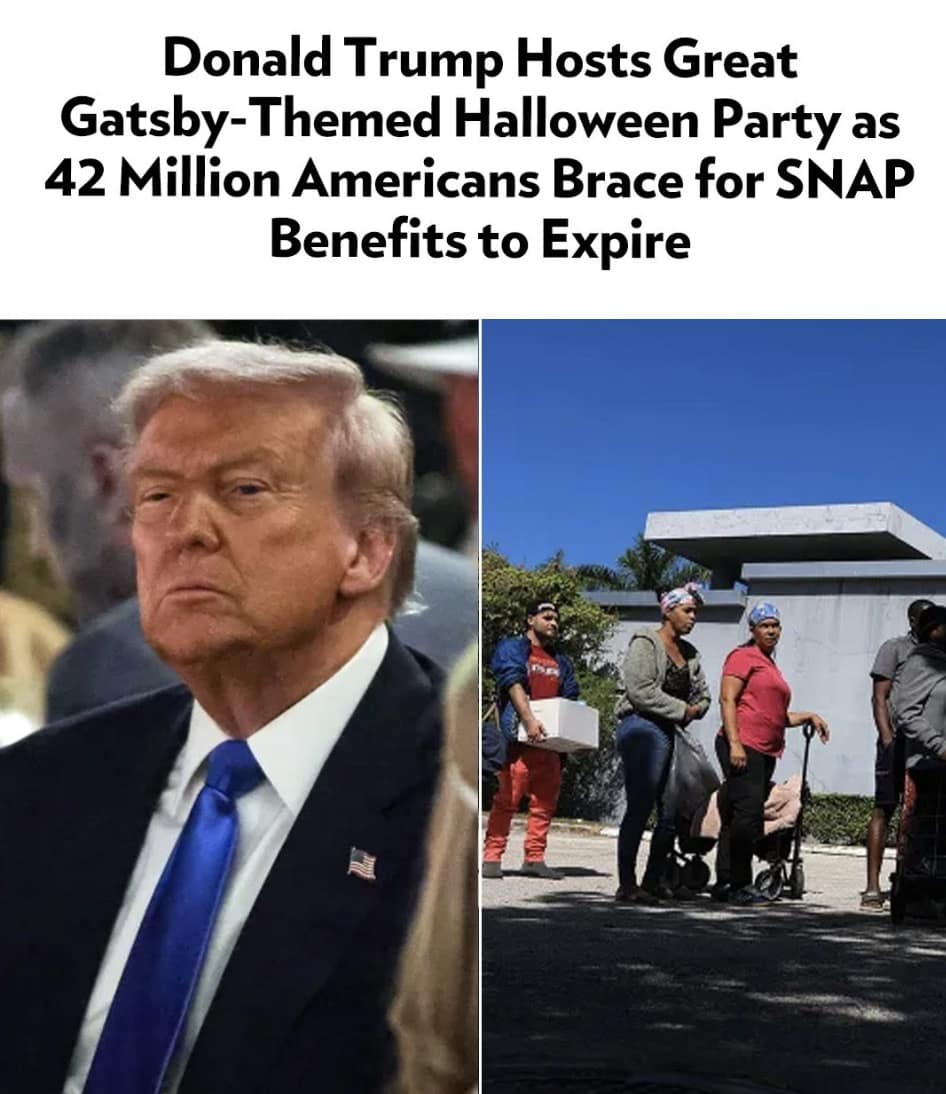 A side-by-side Trump Gatsby party meme comparing a photo of him to a photo of people in line for food.