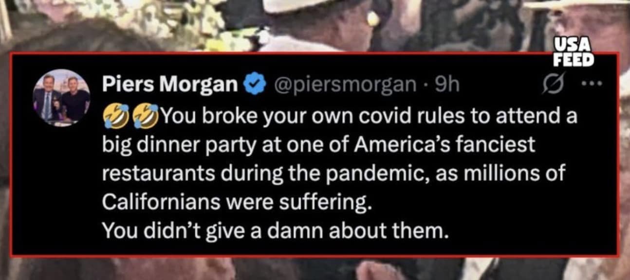 A Trump Gatsby party meme using a Piers Morgan tweet to allege hypocrisy about pandemic-era parties.
