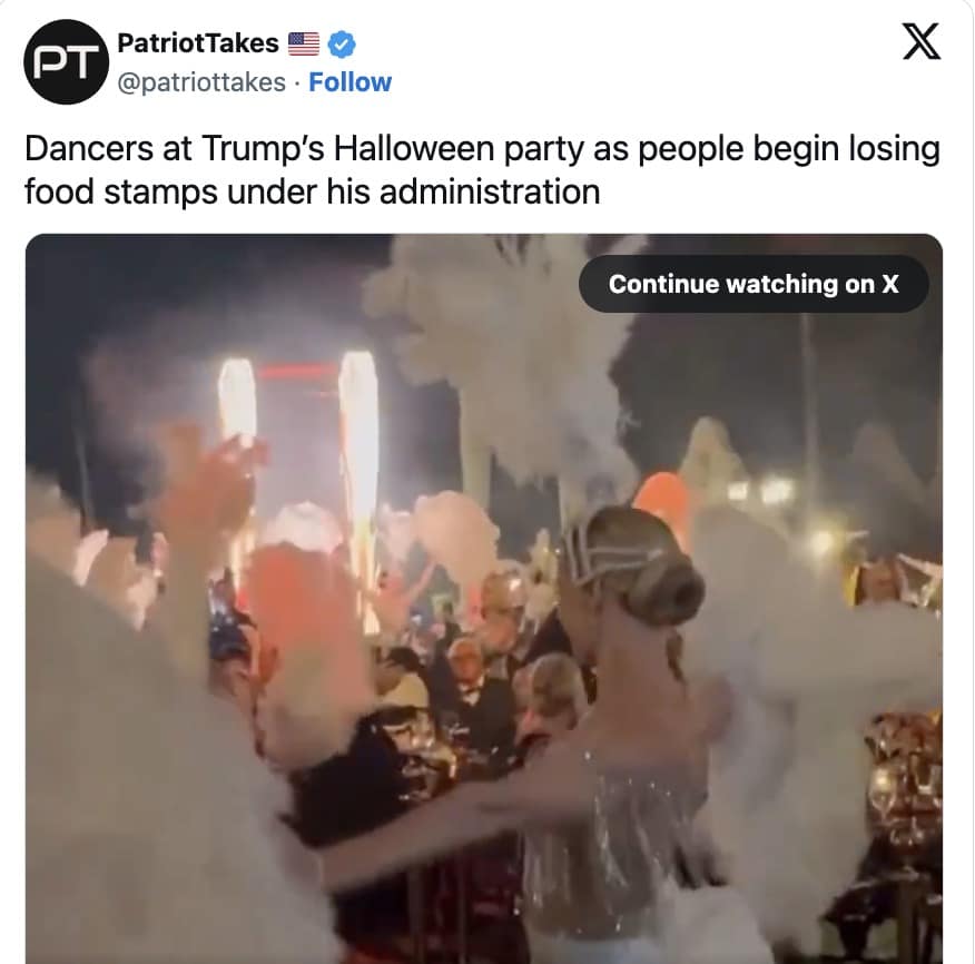 A viral tweet from PatriotTakes showing dancers with sparklers at the Trump Great Gatsby party.