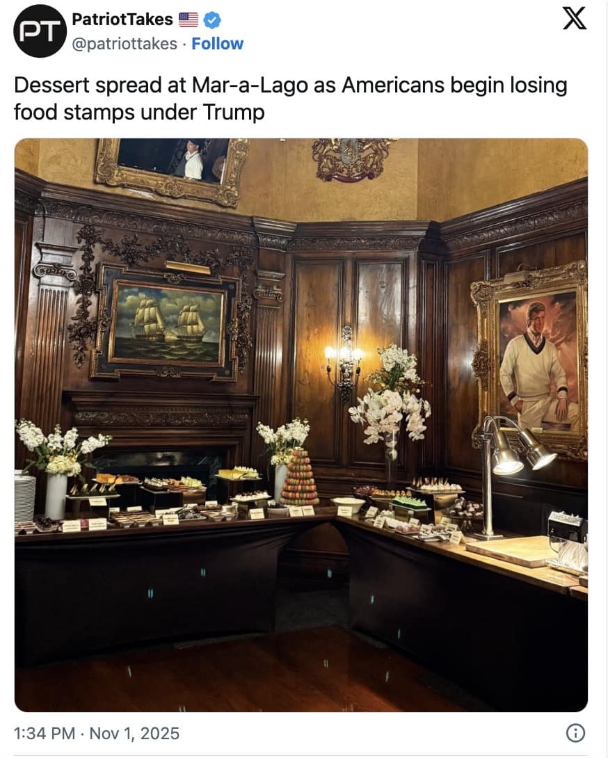 A viral tweet from PatriotTakes showing the large dessert spread at the Trump Great Gatsby party.