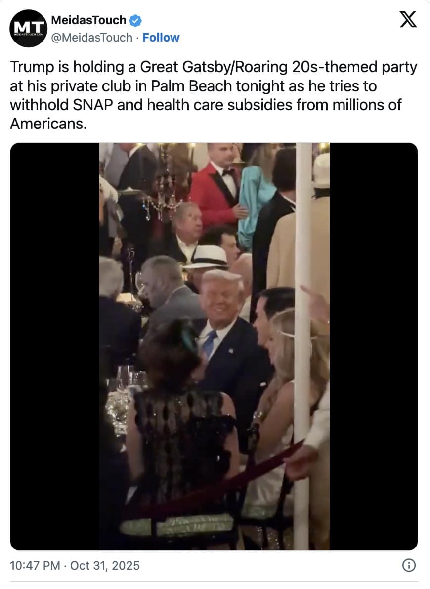 A viral tweet from MeidasTouch criticizing the Trump Great Gatsby party and citing SNAP benefits
