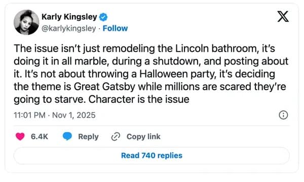 A viral tweet from Karly Kingsley about the Trump Gatsby party meme, calling the character the issue.