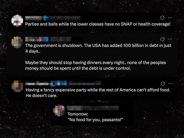 A collage of comments for the Trump Gatsby party meme, criticizing the timing during a shutdown