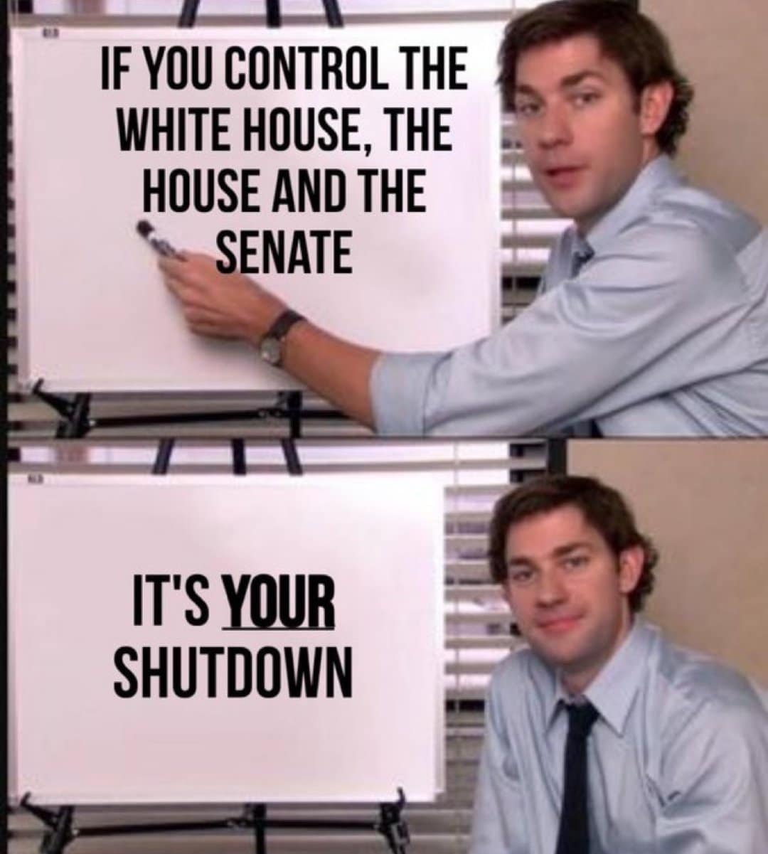 A funny Trump Gatsby party meme using The Office format to blame the shutdown on the GOP.