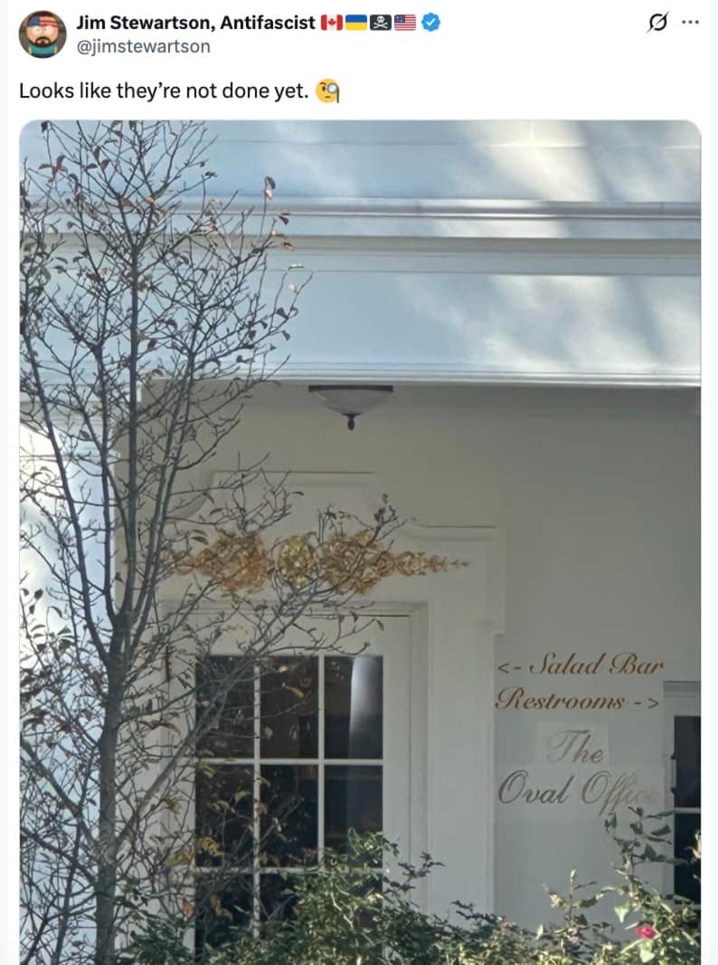 A Trump Oval Office sign meme photoshopped to include "Salad Bar" and "Restrooms" signs, like a hotel lobby