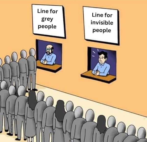 Comic showing a long line of grey people and an empty line for invisible people.