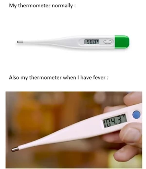 Comparison of digital thermometers showing normal temperature versus fever temperature reading.