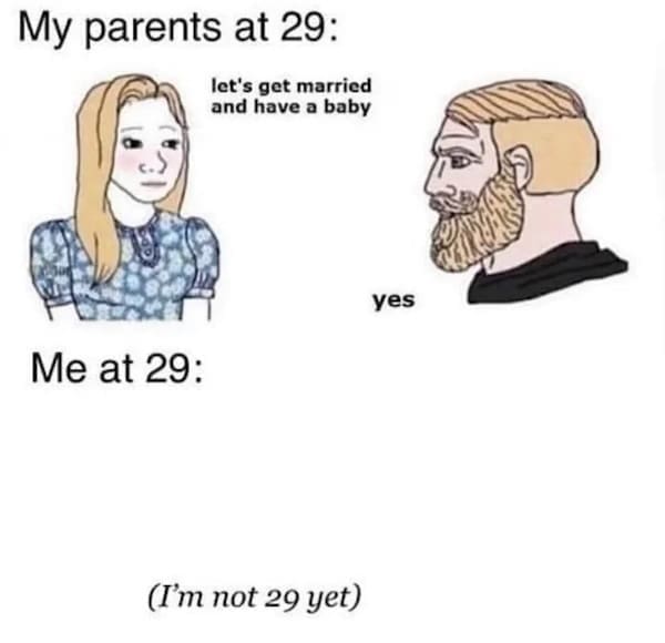 Comparison meme of parents at 29 versus a blank space for me at 29.