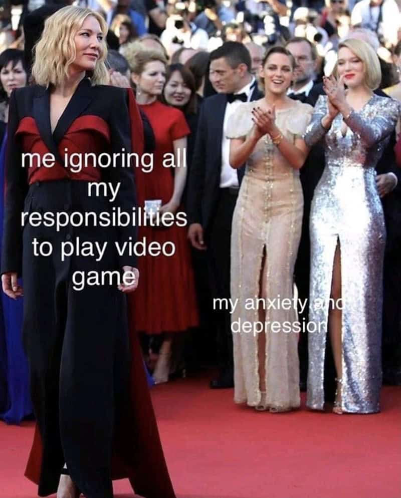 An anxiety meme of Cate Blanchett ignoring her "anxiety and depression" (Kristen Stewart and Léa Seydoux) to play video games.