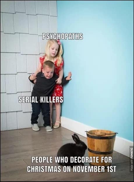 A funny beginning of november meme calling people who decorate for Christmas on November 1st "psychopaths."