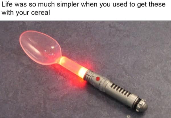 Glowing red lightsaber toy spoon from cereal box nostalgia breakfast memes.