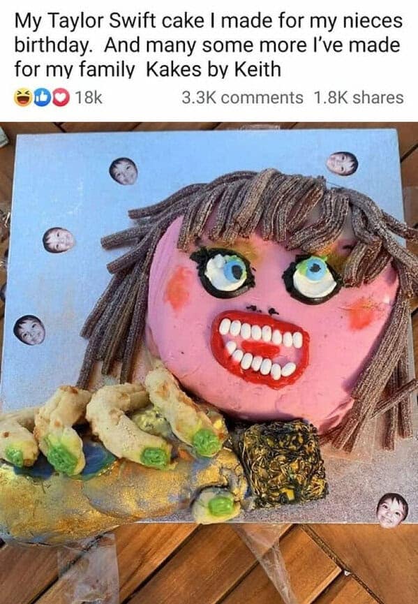A terrifying "Taylor Swift" cake for a niece's birthday, with a pink face, huge teeth, and licorice hair.