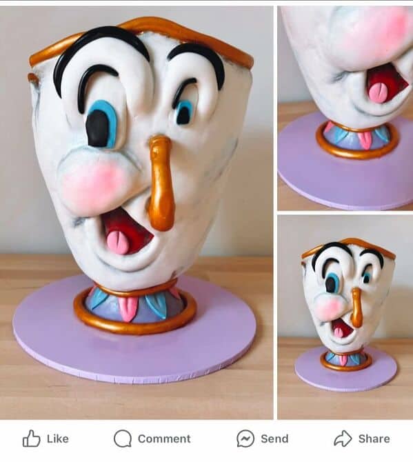 A "Beauty and the Beast" cake of Chip the teacup that has a distorted, uncanny, and creepy face.