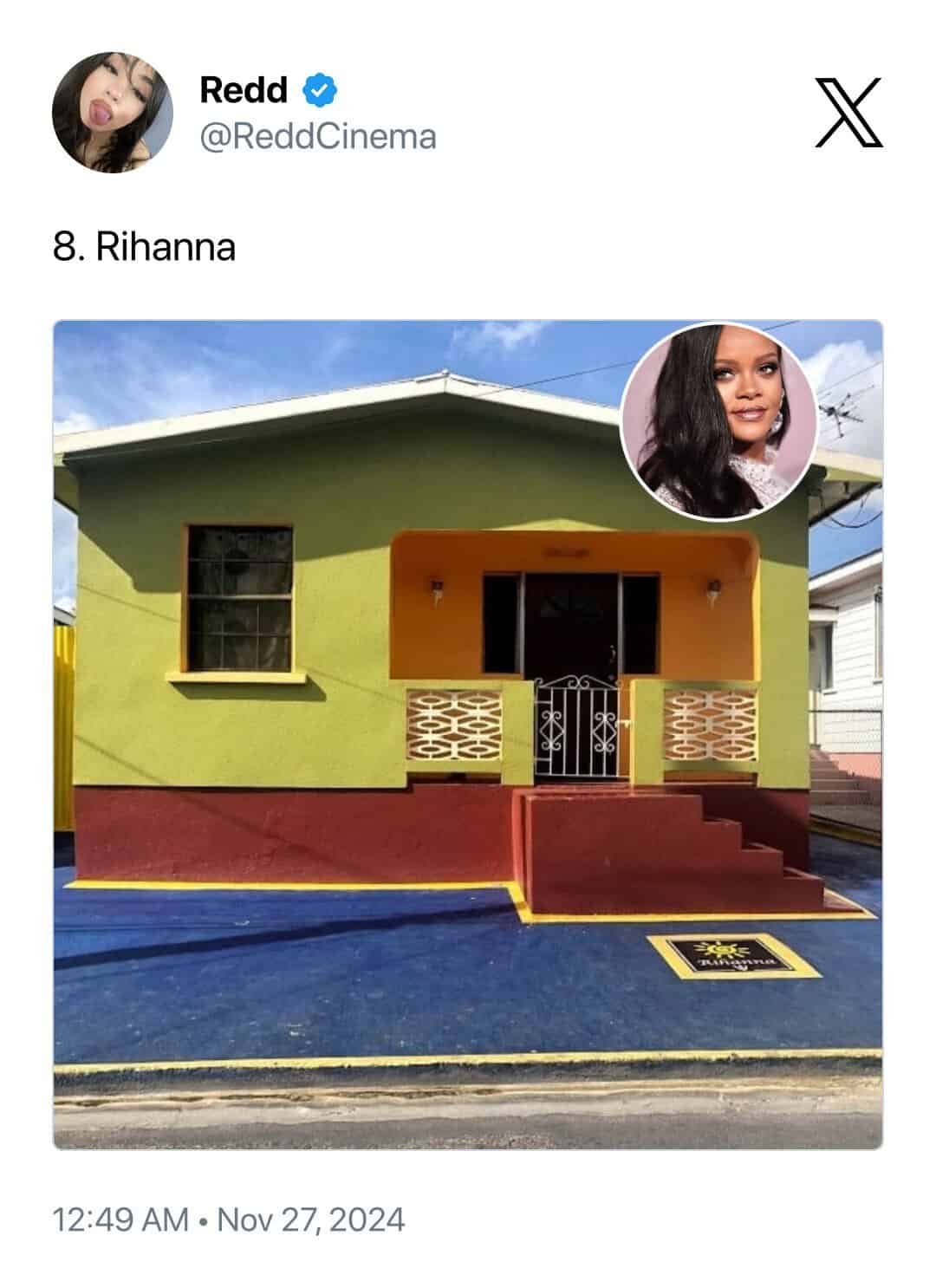 Bright green and orange bungalow in Barbados where singer Rihanna grew up.