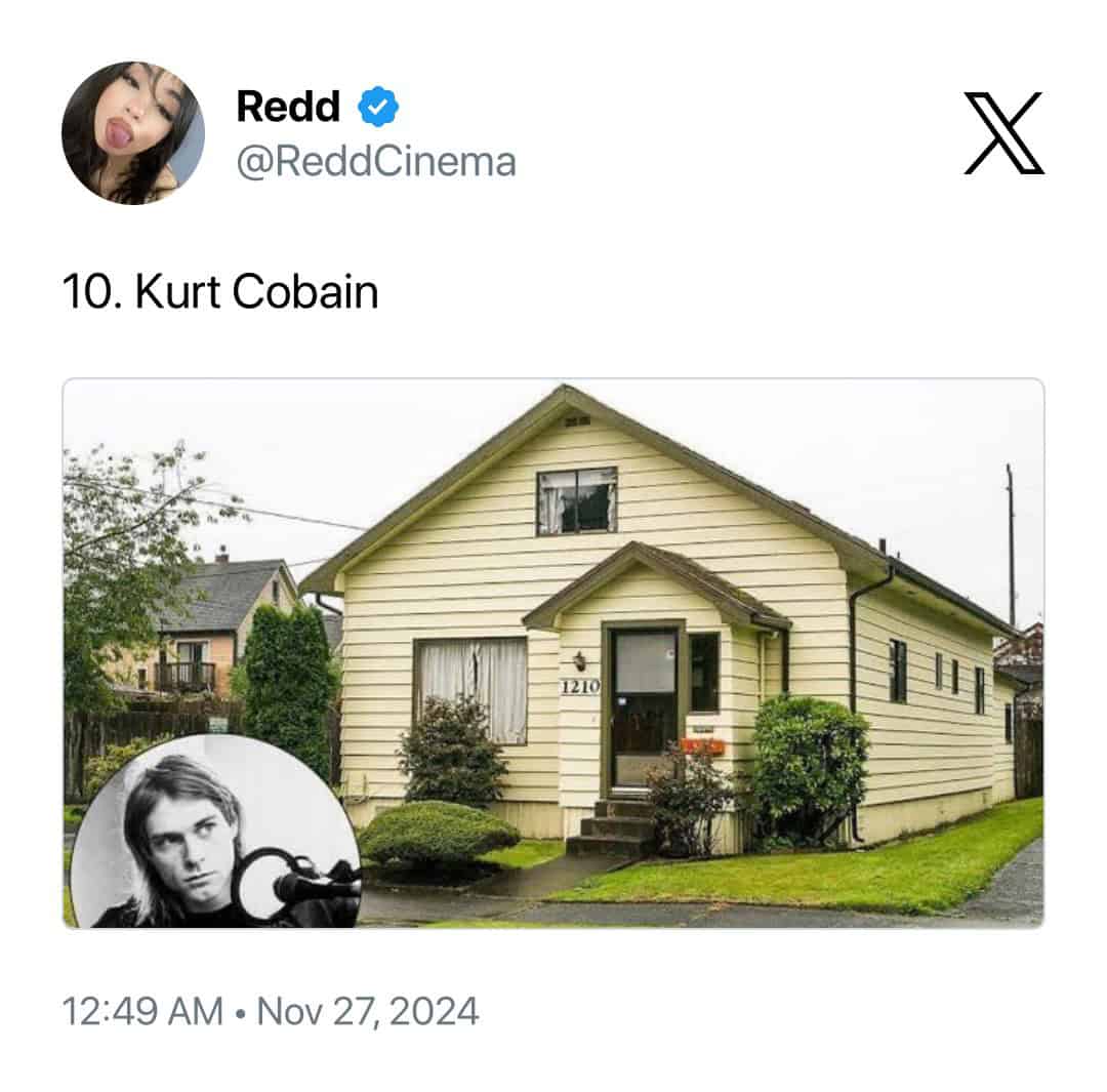 Small beige house with a porch in Aberdeen, Washington, where Kurt Cobain lived.