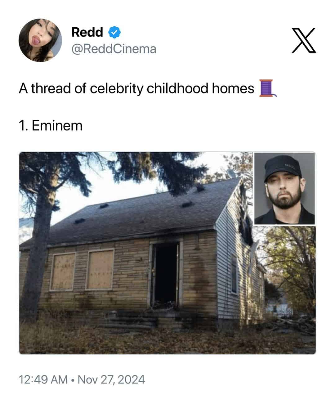 Small, dilapidated wooden house in Detroit where rapper Eminem spent his childhood.
