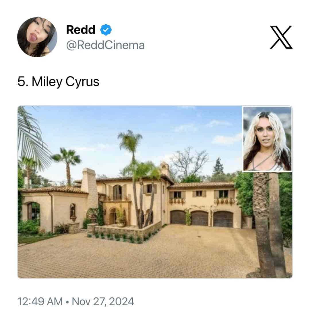 Large Tuscan-style estate with palm trees where Miley Cyrus lived with her famous father.