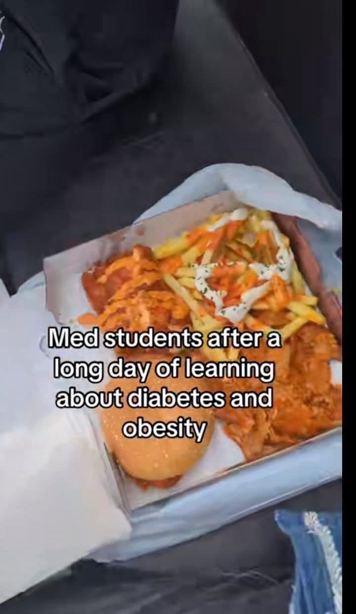 A classic meme of med students eating fried food after learning about diabetes.