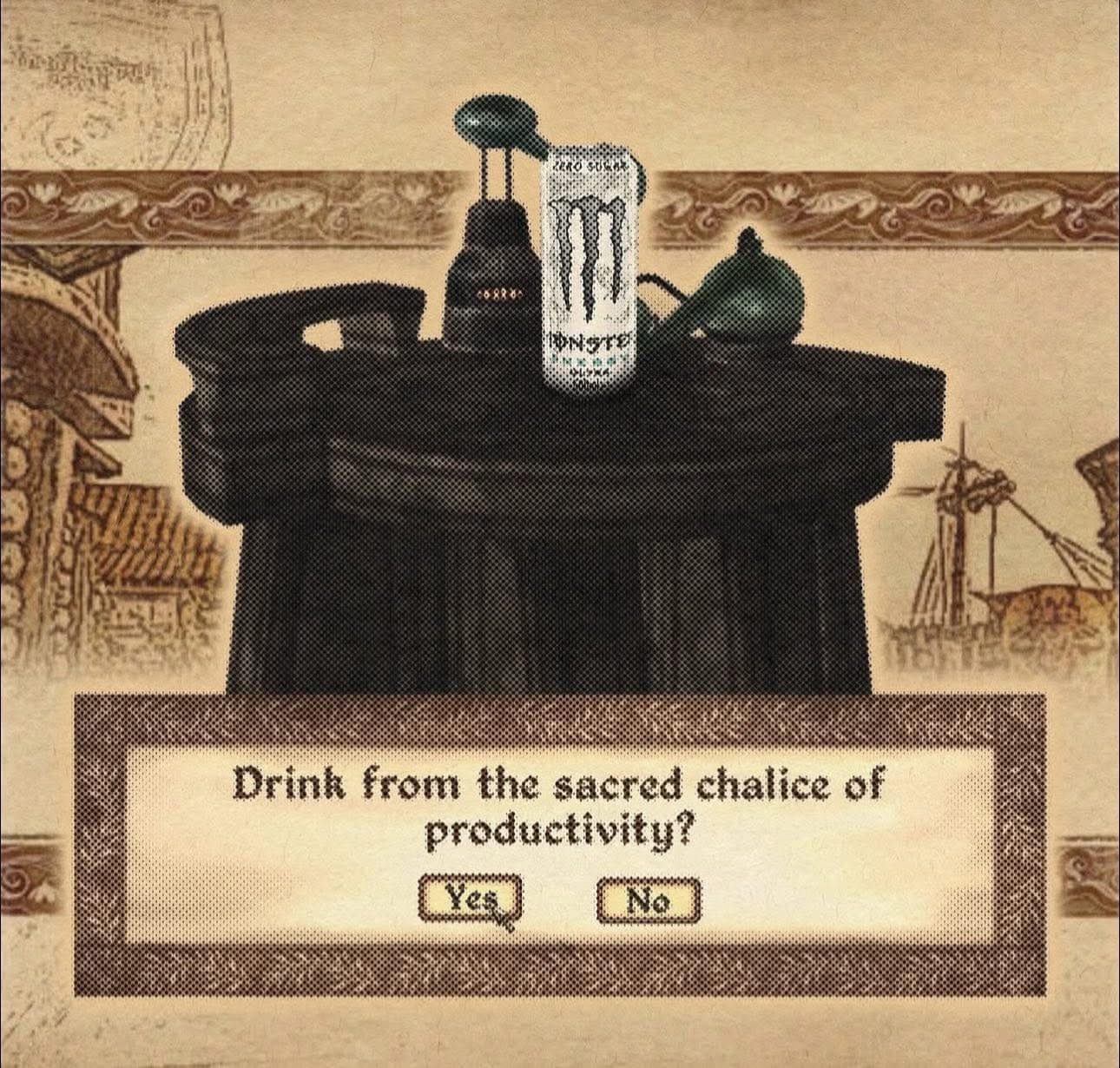 Pixel art classic meme regarding the sacred chalice of productivity