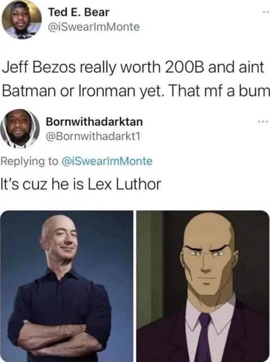 Classic meme comparing Jeff Bezos to Lex Luthor from Justice League