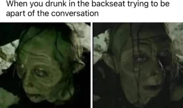 A classic meme of Gollum from Lord of the Rings, joking about being drunk in the backseat trying to join the conversation.
