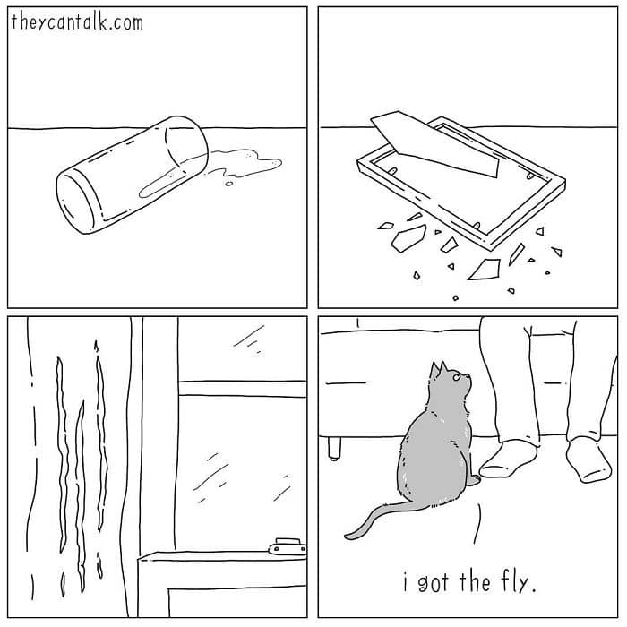 Comic classic meme showing a cat destroying a house to catch a fly