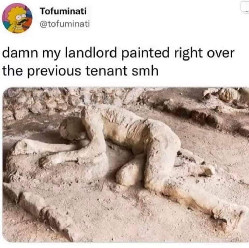 A classic meme from a viral tweet joking that a landlord "painted right over the previous tenant" in Pompeii.