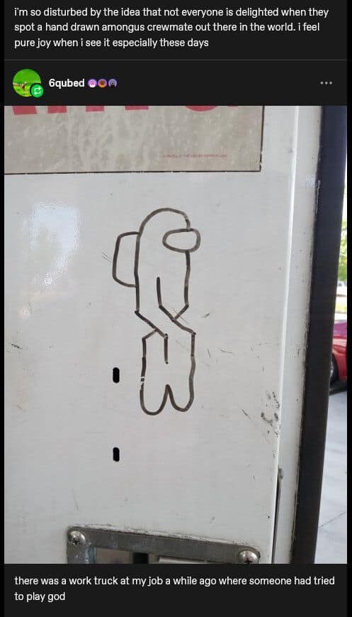 Hand-drawn Among Us crewmate on a machine in a classic meme.