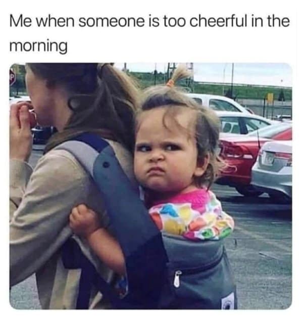Classic meme using a grumpy baby to represent morning moodiness