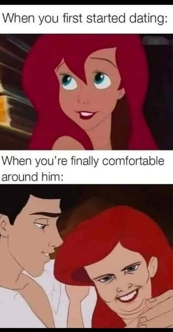A classic meme from The Little Mermaid, comparing Ariel's "dating" look to her "comfortable" gremlin look.