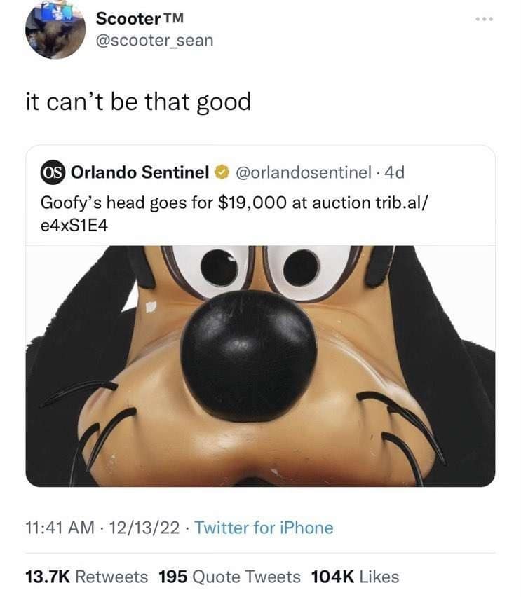 Cursed angle of a Goofy costume head in a classic meme about auctions.