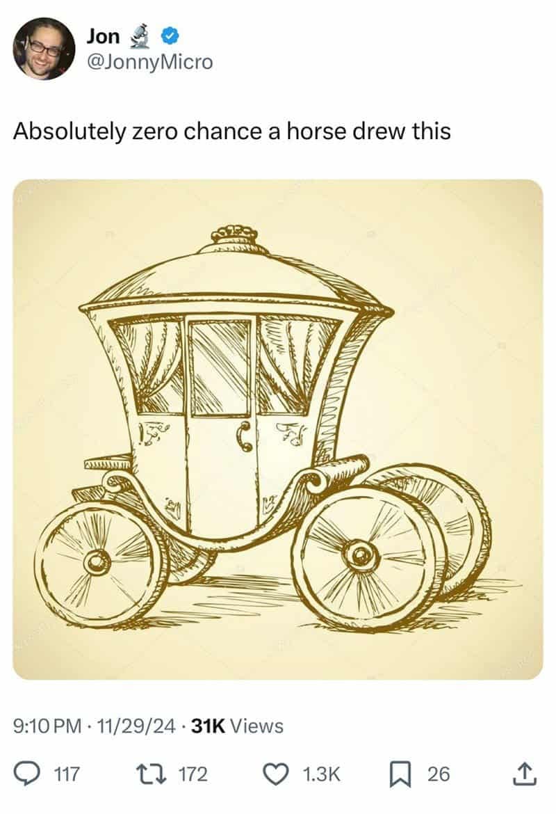 A classic meme from a viral tweet stating "Absolutely zero chance a horse drew this" about a horse-drawn carriage.